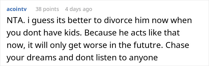 Reddit comment discussing a promotion and relationship advice about pursuing dreams.