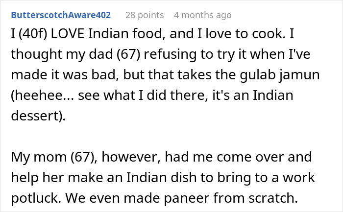 Text discussing love for Indian food and cooking, mentions gulab jamun and paneer.