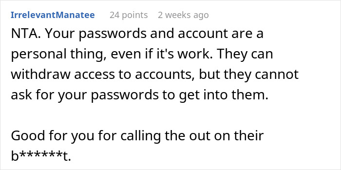 Reddit comment about company employee's rights to personal passwords and account privacy.