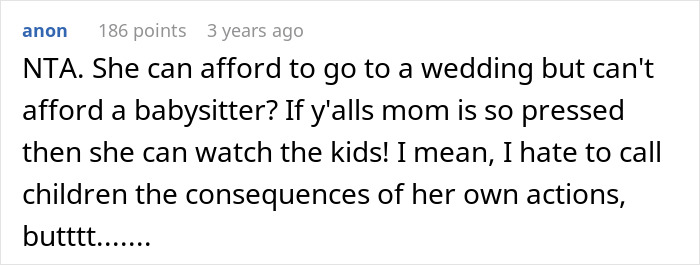 Comment about babysitting responsibilities and affordability of hiring help.