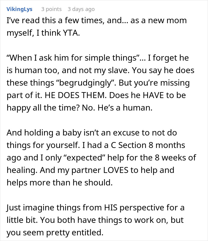 Reddit comment criticizing parental roles, emphasizing perspective in newborn pneumonia situation.