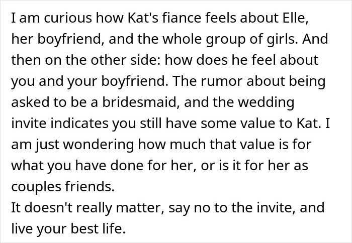 Text discussing feelings about a wedding invite related to marrying ex-girlfriend's cousin. Text discussing feelings about a wedding invite related to marrying ex-girlfriend's cousin.
