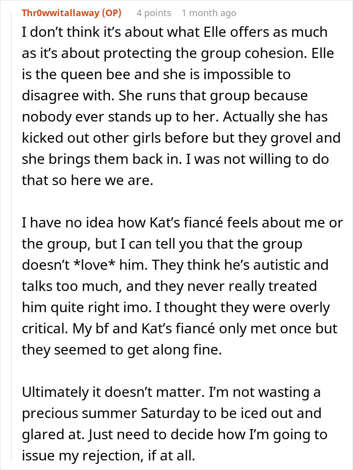 Text discussing drama about guy marrying his ex-girlfriend's cousin and group dynamics. Text discussing drama about guy marrying his ex-girlfriend's cousin and group dynamics.