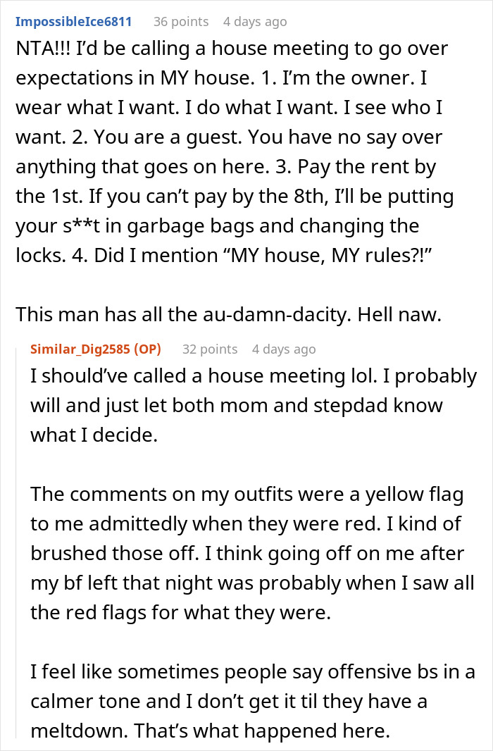 Text exchange discussing a stepdad trying to control a 27-year-old woman, with emphasis on "my house, my rules" sentiment. Text exchange discussing a stepdad trying to control a 27-year-old woman, with emphasis on "my house, my rules" sentiment.