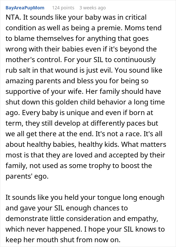 Screenshot of a comment discussing supportive parenting and premature baby issues.