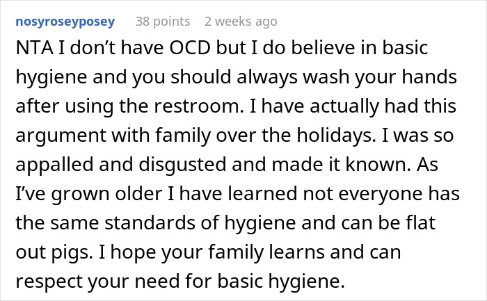 Text screenshot discussing hygiene standards and OCD.