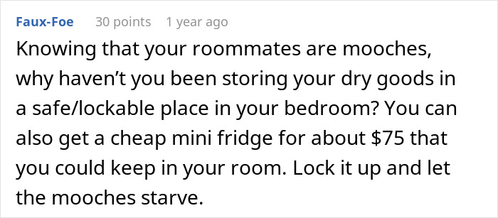 Text about storing food to prevent roommates from eating it, suggesting a lockable place or mini fridge. Text about storing food to prevent roommates from eating it, suggesting a lockable place or mini fridge.