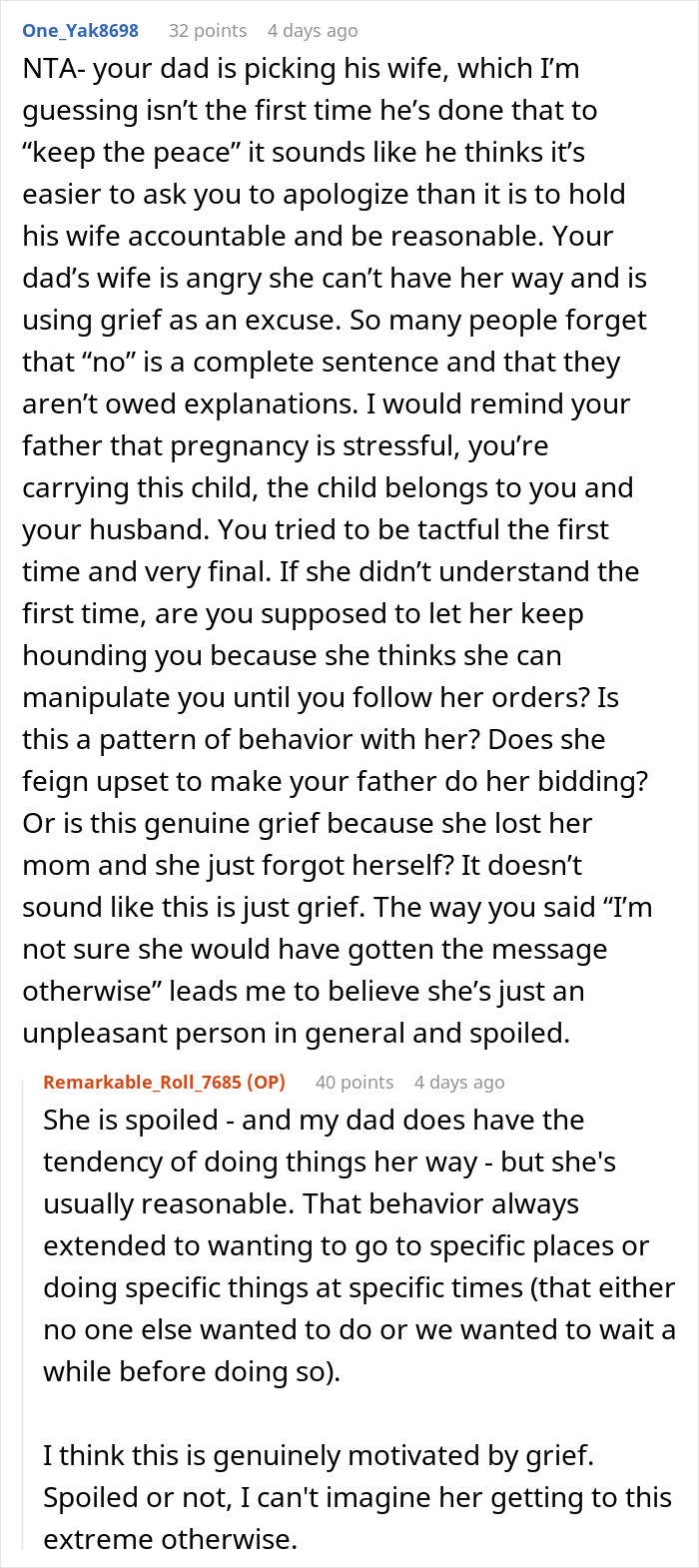 Reddit discussion about a woman refusing to name her baby after her stepmother&rsquo;s late mother, sparking family tension.