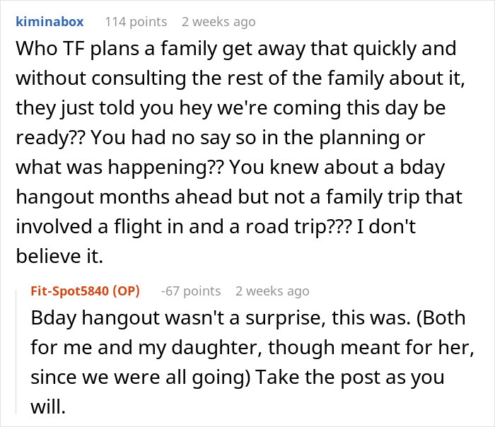 Text discussion about prioritizing a family trip over daughter's plans, highlighting conflicting schedules and priorities.