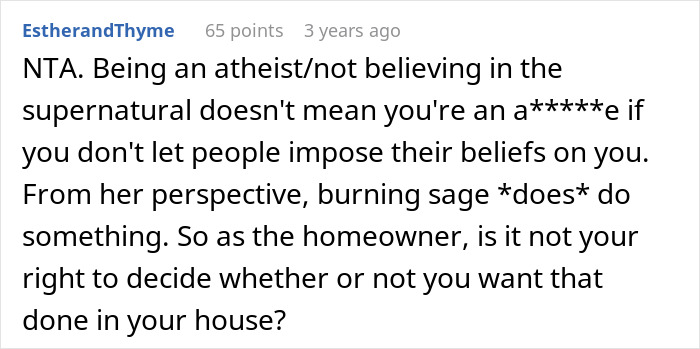 Text comment on belief imposition related to cleansing rituals in one's home. Text comment on belief imposition related to cleansing rituals in one's home.