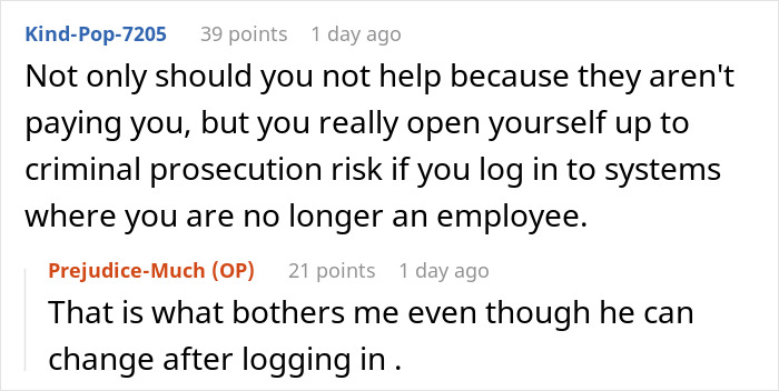 Discussion about risks for laid-off employee asked for authentication code by boss.