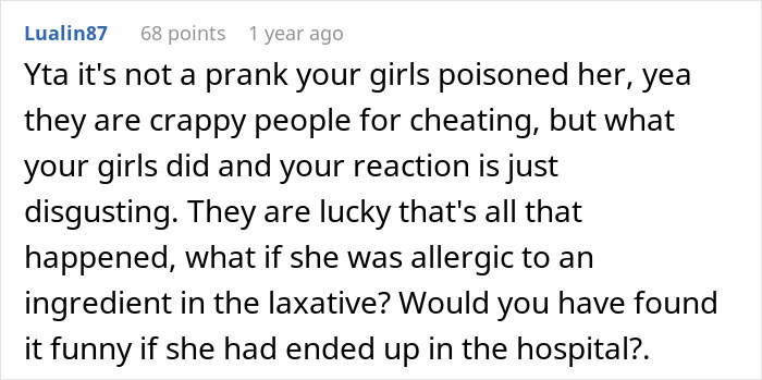 Comment criticizing kids for spiking dad's mistress's food with laxatives, warning of health risks.