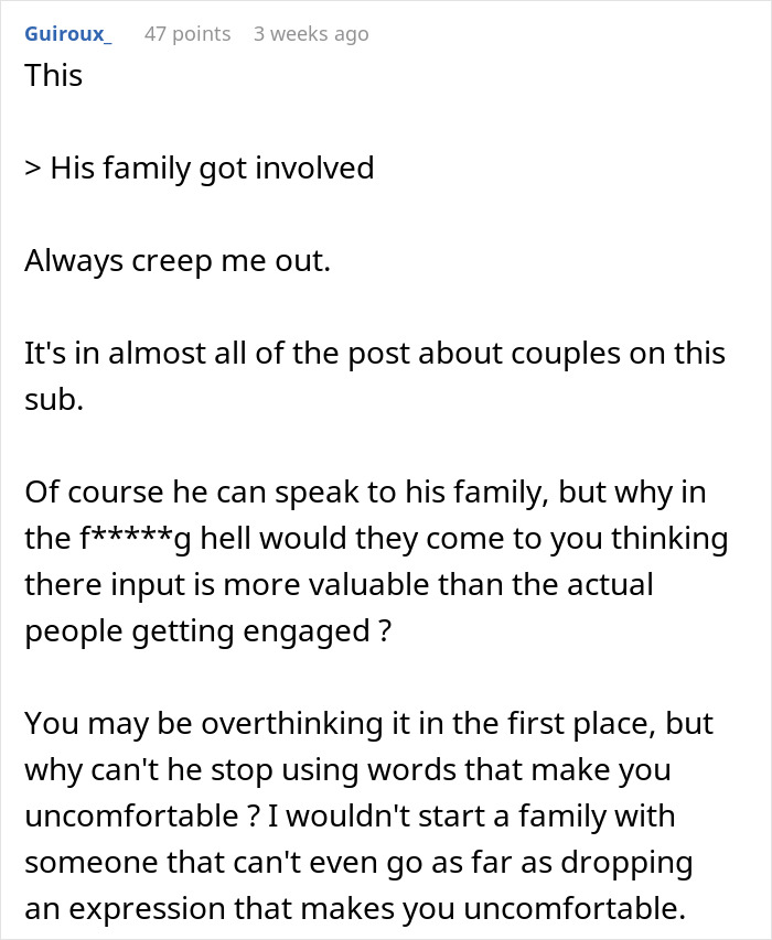 Comment discussing issues with fianc&eacute;e's family getting involved in couple's engagement.