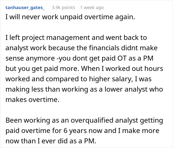 Text discussing unpaid overtime and career changes for better pay.
