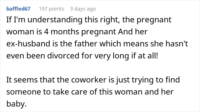 Text discussing dating dynamics with a pregnant woman and potential single motherhood.