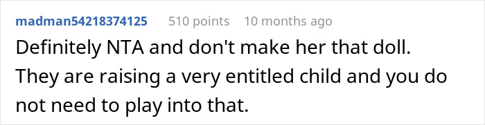 Comment discussing child entitlement and doll customization.