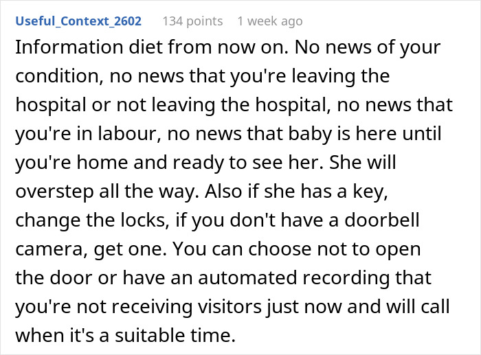 Reddit comment advising a pregnant woman to limit information shared, change locks, and use a doorbell camera after a fall.
