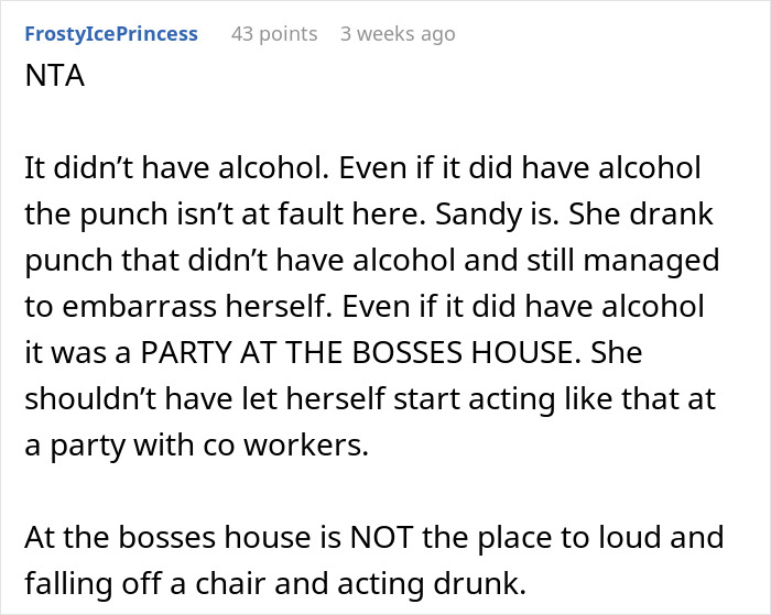 Text discusses work party dynamics and punch, mentioning a coworker&rsquo;s behavior at a boss's house event.