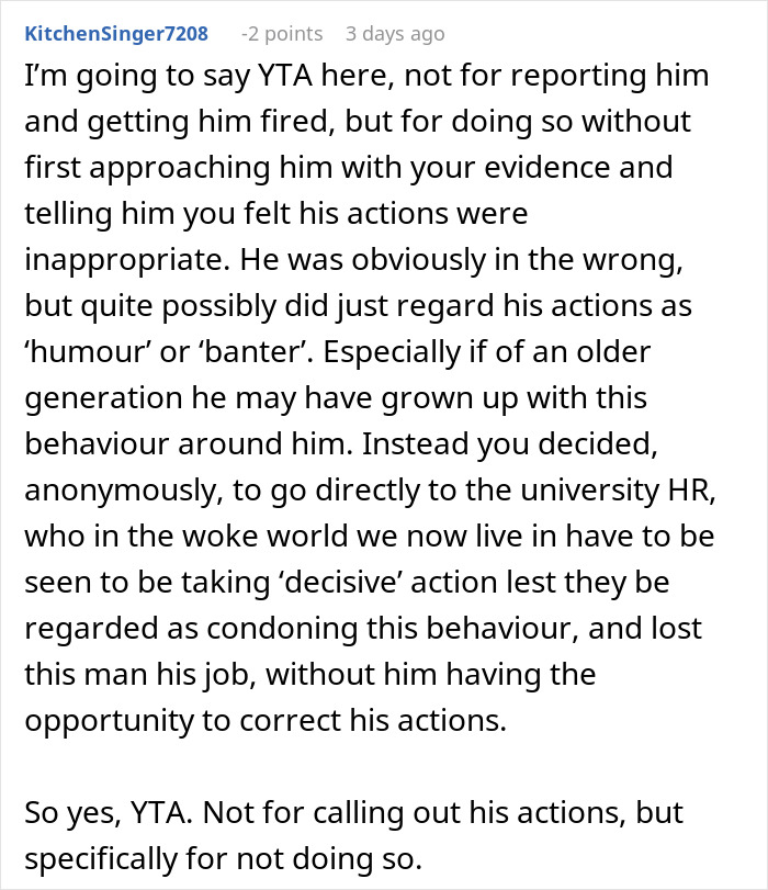 Reddit user discusses secretly recording a professor's sexist remarks and the consequences of his firing.