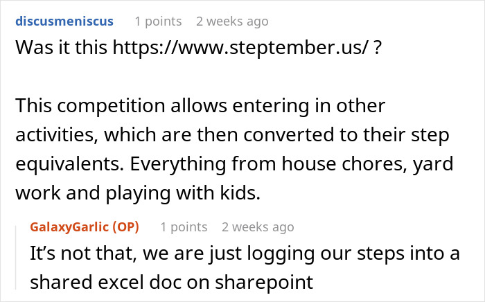 Discussion about coworker cheating in a walking competition, mentioning a step-tracking website and shared logging in Excel. Discussion about coworker cheating in a walking competition, mentioning a step-tracking website and shared logging in Excel.