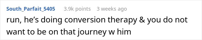 Comment about a man ending his gay marriage after church influences him to undergo conversion therapy. Comment about a man ending his gay marriage after church influences him to undergo conversion therapy.