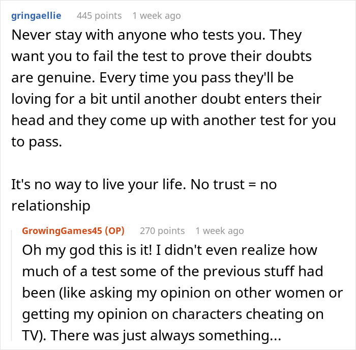Reddit comments discussing testing loyalty with a fake Instagram account.