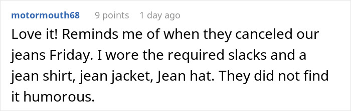 Comment about bank staff wearing jeans on a restrictive dress code day.
