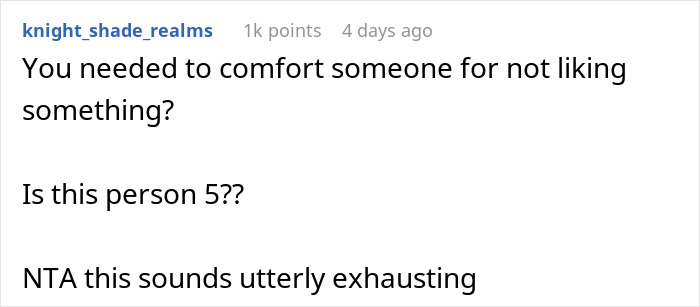 Comment discussing a boyfriend&rsquo;s reaction to cooking, questioning maturity and expressing exhaustion.