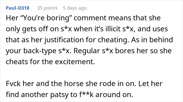 Comment expressing frustration over relationship issues and infidelity.