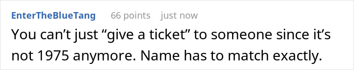 Comment discussing ticket name requirements, referencing an influencer and Egypt trip situation. Comment discussing ticket name requirements, referencing an influencer and Egypt trip situation.