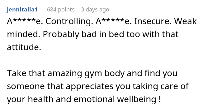Comment expressing concern over woman's boyfriend having gym issue. Comment expressing concern over woman's boyfriend having gym issue.