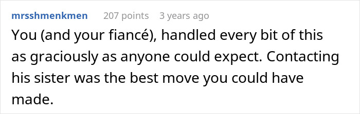 Reddit comment about ex-girlfriend and fianc&eacute; handling a situation, mentioning contacting his sister as a good decision.