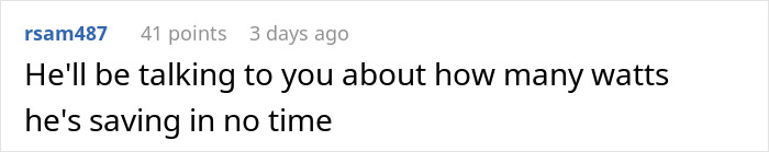 Comment about saving watts, posted by a user three days ago with 41 points.
