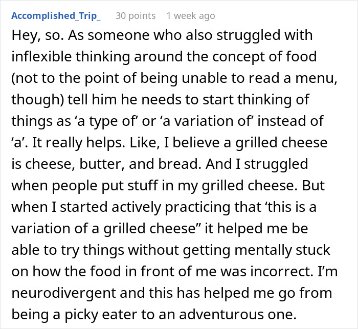 Text discussing inflexible thinking about food, suggesting thinking of meals as variations to overcome picky eating.