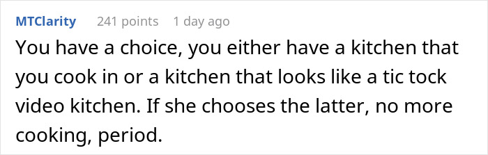 Comment discussing kitchen decor and cooking choices. Comment discussing kitchen decor and cooking choices.