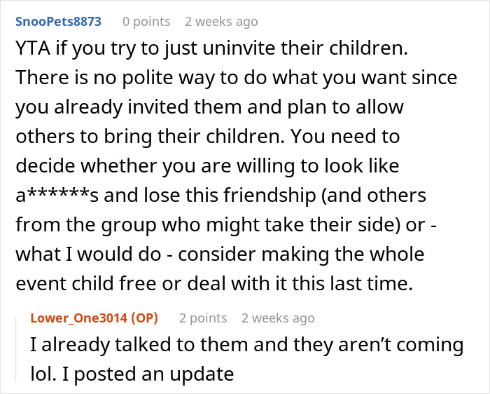 Reddit conversation about uninviting friends&rsquo; unruly kids to maintain friendship.