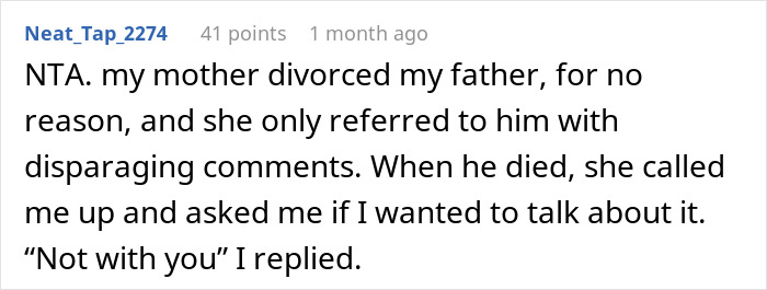 Reddit comment about a divorced parent's disparaging remarks and a dismissed conversation request. Reddit comment about a divorced parent's disparaging remarks and a dismissed conversation request.