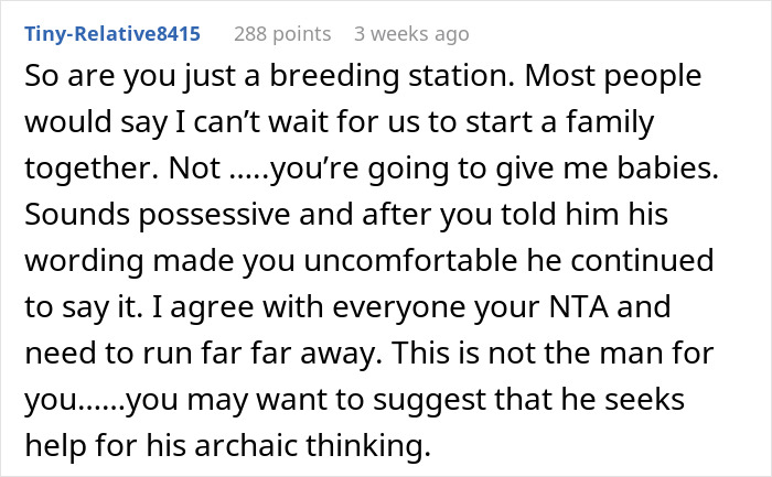 Comment discussing a fianc&eacute;e's role and relationship issues about starting a family as her new job.