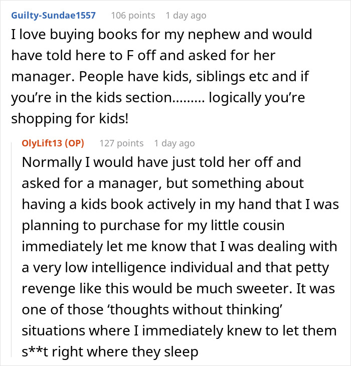 Text exchange about being kicked out of children's section for age, despite buying books for kids.