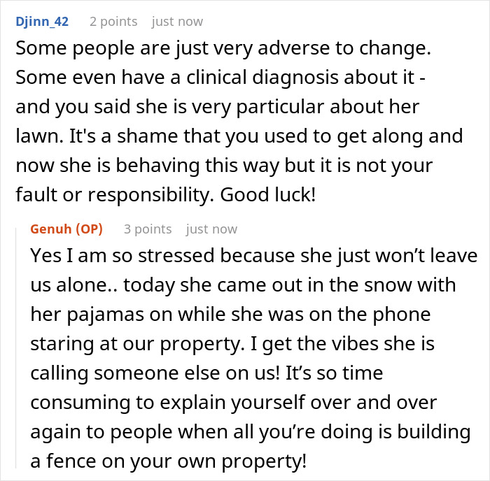 Comments discussing OCD neighbor upset over a fence, mentioning stress and behavior changes.