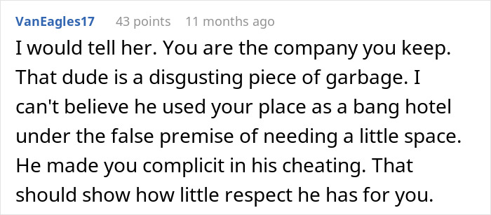 Comment advising a friend about their apartment being used for cheating.