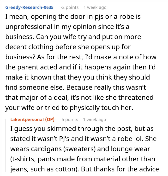 Reddit comments discussing pregnant-wife-childcare attire and professionalism in a childcare setting.