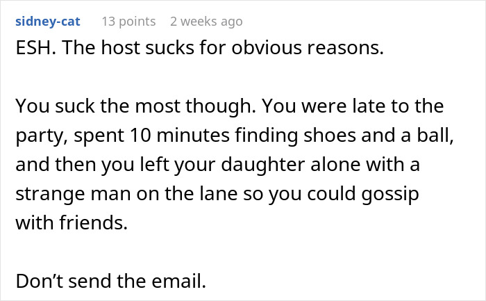 Comment criticizing a parent for leaving their daughter alone at a birthday party.