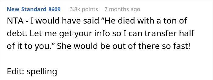 Reddit comment discussing response to late husband's affair child asking for money.