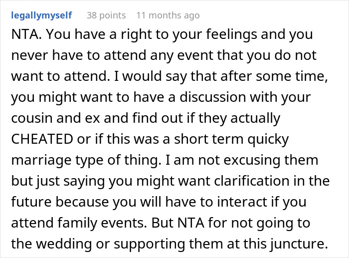 Text comment about marrying ex-girlfriend's cousin discusses relationship feelings and family event decisions.