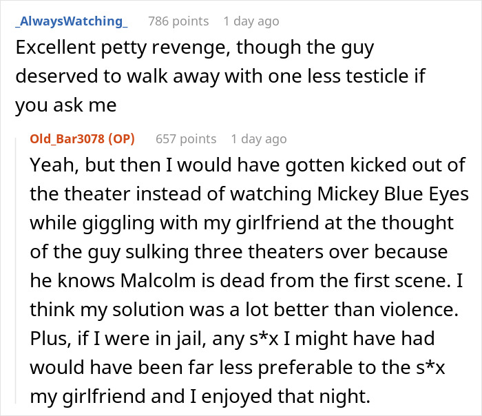 Discussion about a moviegoer getting revenge with spoilers for line-cutting, highlighting a popcorn-worthy story.