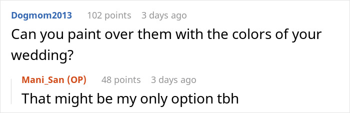 Two users discuss a kid-related wedding mishap in an online forum. Two users discuss a kid-related wedding mishap in an online forum.