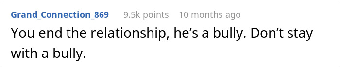Screenshot of a comment advising a woman to leave a bully, related to an emotionally distraught situation.