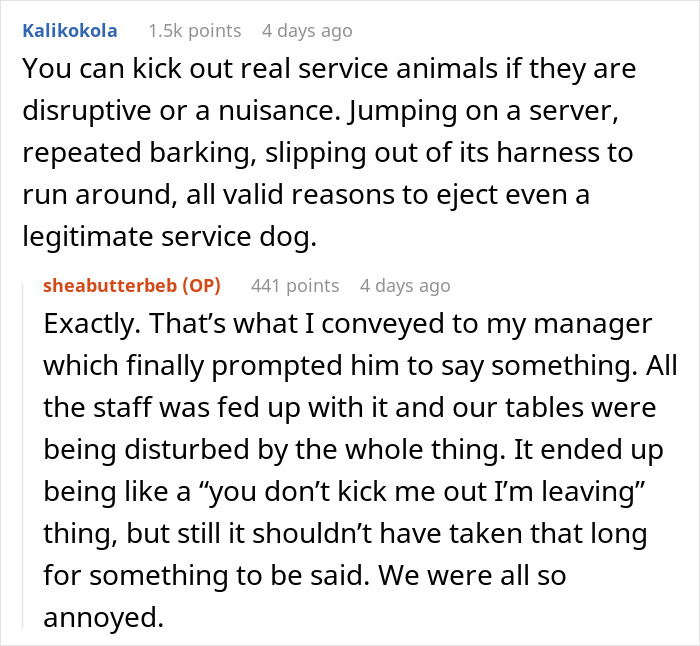 Discussion about rights to eject a fake service dog from a restaurant for being disruptive.
