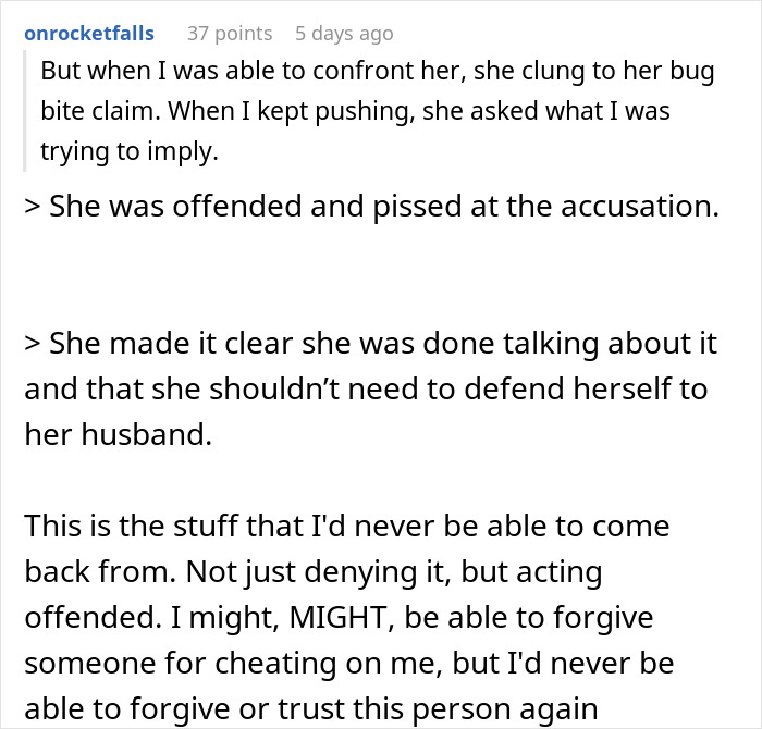 Text exchange discussing wife's explanation of a suspicious mark after work retreat.